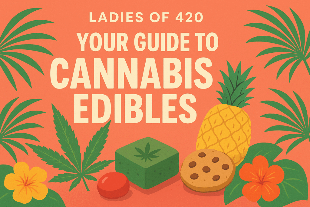 Cannabis edibles in Trinidad and Caribbean – tropical illustration with brownies, gummies, cookies, and cannabis leaf.
