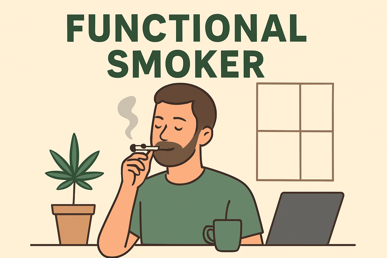 Flat-style illustration of a man labeled as a functional smoker, sitting at a desk with a Cannabis plant, coffee mug, and laptop, while smoking a joint. Bold green text above reads ‘What’s a Functional Smoker.’