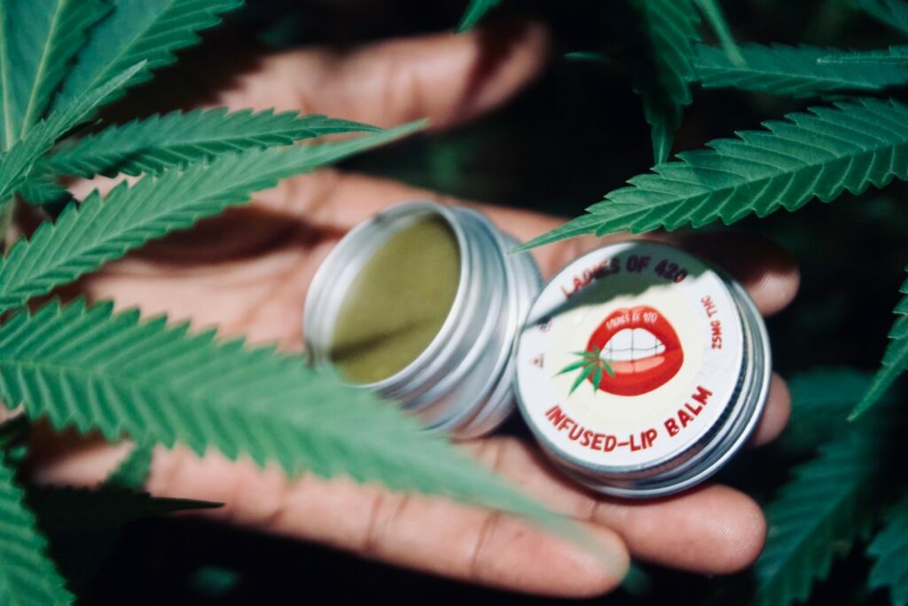 Why We at Ladies Of 420 Love THC-Infused Topicals hand holding ladies of 420 lip balm behind green cannabis leaves