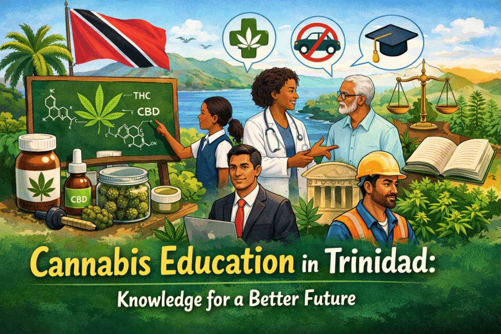 Horizontal illustration representing cannabis education in Trinidad and Tobago, showing medical professionals, students, workers, and community members learning about medical and recreational cannabis, with THC and CBD education visuals, cannabis wellness products, and the Trinidad and Tobago flag in a tropical Caribbean setting.