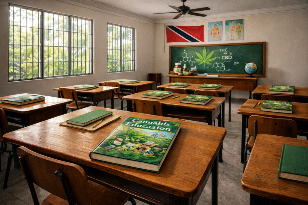 Horizontal photograph of a Caribbean-style classroom in Trinidad and Tobago with wooden desks and chairs, each desk displaying a cannabis education textbook, burglar-proofed windows, and a chalkboard showing THC and CBD educational diagrams, highlighting the role of formal education in cannabis awareness.