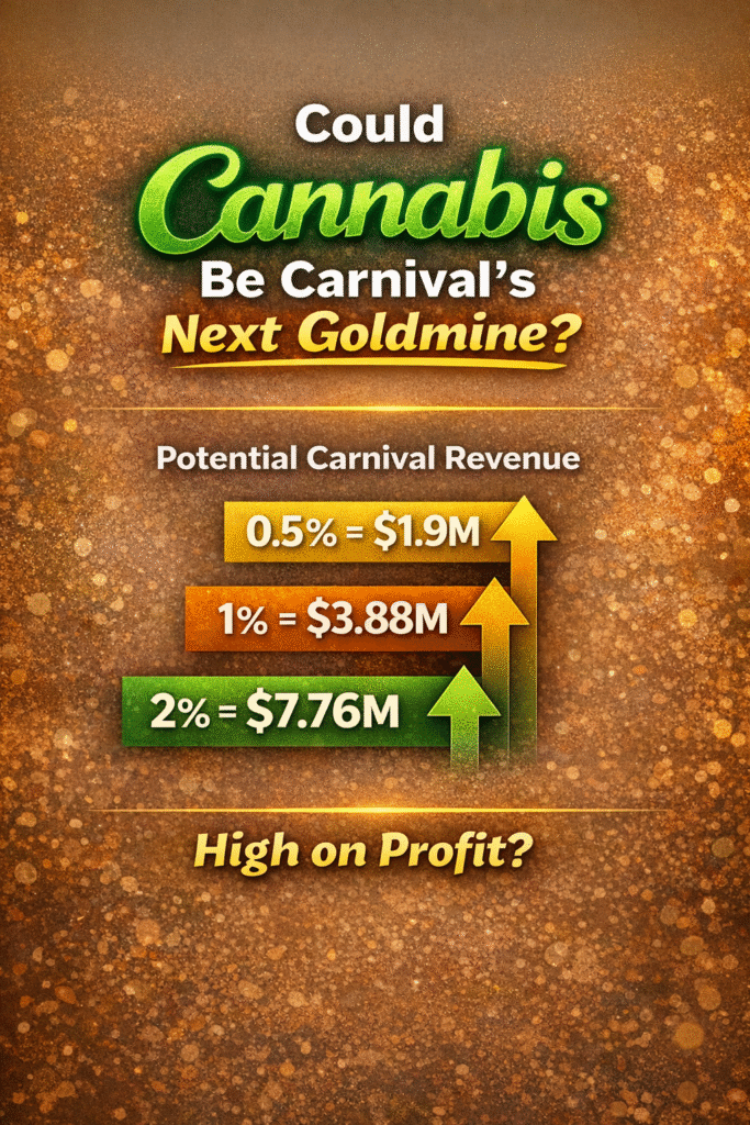 High on Revenue Horizontal graphic with a solid green background featuring the headline “Could Cannabis Be Carnival’s Next Goldmine?” in bold green, white and gold text. A Cannabis leaf appears beside the title. On the right side, the text “Potential Carnival Revenue” introduces projected earnings: 0.5% = $1.9M, 1% = $3.88M, and 2% = $7.76M, each shown with upward arrows to indicate economic growth. The design is clean, modern and focused on the financial impact of legalising Cannabis during Trinidad & Tobago’s Carnival season.