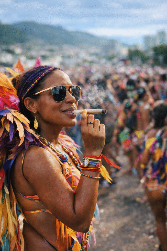 Carnival reveller in Trinidad and Tobago wearing a colourful costume, enjoying the festivities on the road with a relaxed moment amid the crowd.