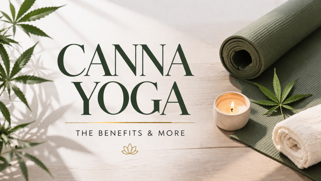 Wide Canna Yoga infographic featuring a calm yoga scene with cannabis elements and icons highlighting benefits like reduced stress, increased flexibility, enhanced mind-body connection, and heightened sensory awareness.