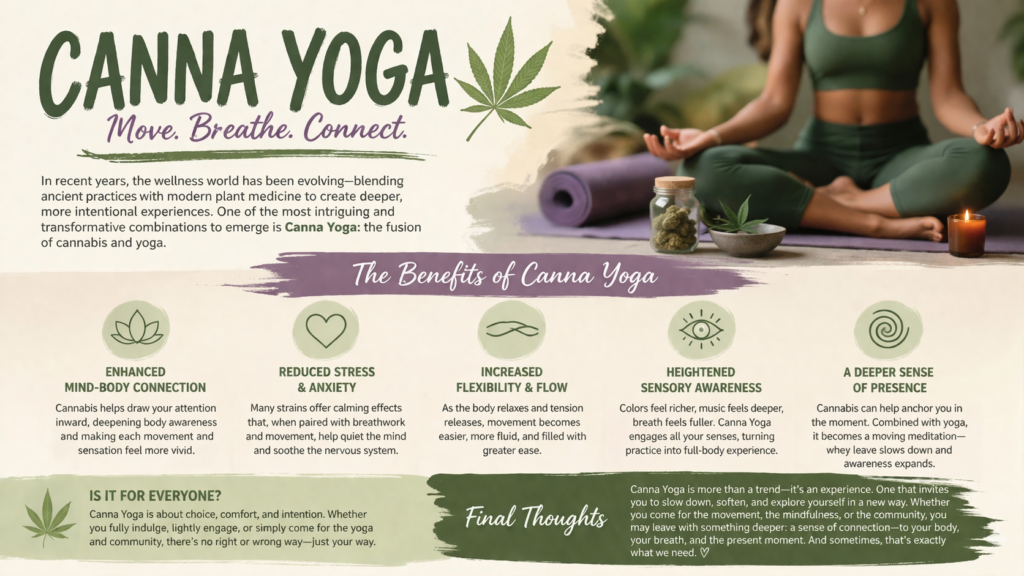 CANNA YOGA: Elevate Your Practice, Expand Your Presence Minimalist Canna Yoga blog header with green yoga mat, candle, rolled towel, and cannabis leaves on a soft wooden background with text reading “Canna Yoga: The Benefits & More.”