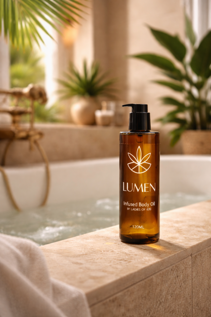 Amber bottle of Lumen Cannabis infused body oil by Ladies of 420 placed beside a bathtub in a warm, spa-like setting with soft lighting and greenery in the background