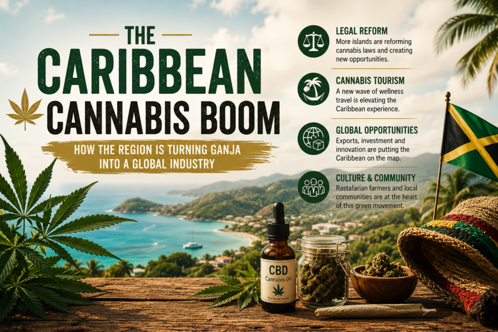 luxury-style Caribbean cannabis promotional poster featuring a tropical beach backdrop with palm trees, cannabis plants, CBD wellness products, and warm sunset lighting. Large typography reads “The Caribbean Cannabis Boom” with supporting text about legal reforms, cannabis tourism, global opportunities, and culture/community inclusion. The design blends wellness, tourism, and cannabis culture with elegant green and gold branding and a relaxed island aesthetic.