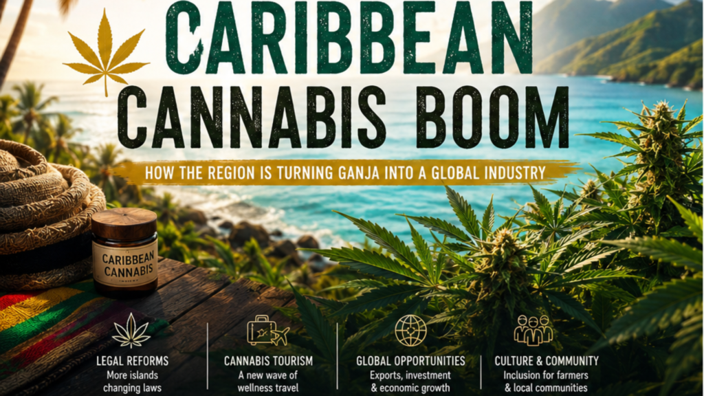 A tropical Caribbean-themed cannabis industry graphic featuring lush cannabis plants overlooking a turquoise ocean and mountainous coastline. Large bold text reads “The Caribbean Cannabis Boom” with the subtitle “How the Region Is Turning Ganja Into a Global Industry.” The foreground includes wellness-inspired cannabis products, palm trees, and icons representing legal reform, cannabis tourism, global opportunities, and community inclusion. The overall aesthetic is luxurious, warm, and modern with deep green and gold tones.