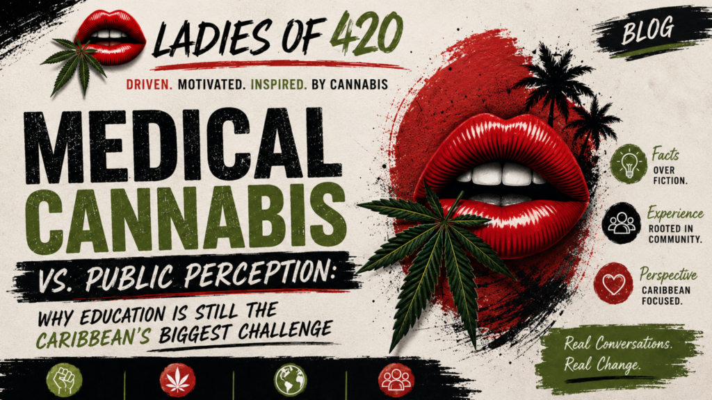 ladies of 420 logo on medical cannabis vs public perspective in bold text red green and a lips with a cannabis leaf in it.